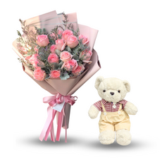 Bouquet Of Pink Roses With Caspia and Teddy Bear with Maroon Shirt
