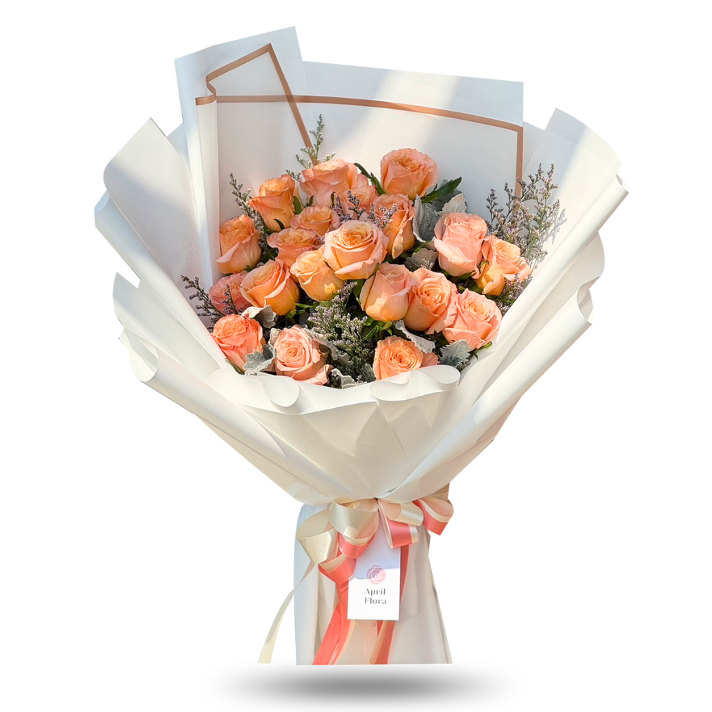 ช่อดอกไม้ "Peachy Sweet" กุหลาบสีส้ม 20 ดอก