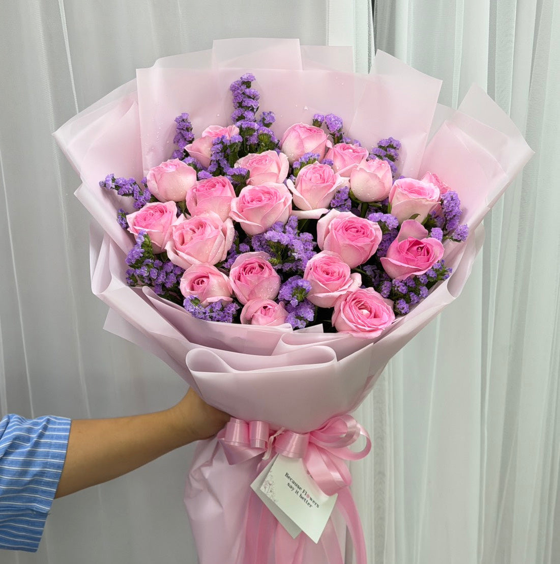 Lavender Dreams - 10 Pink Roses with Purple Statice Bouquet