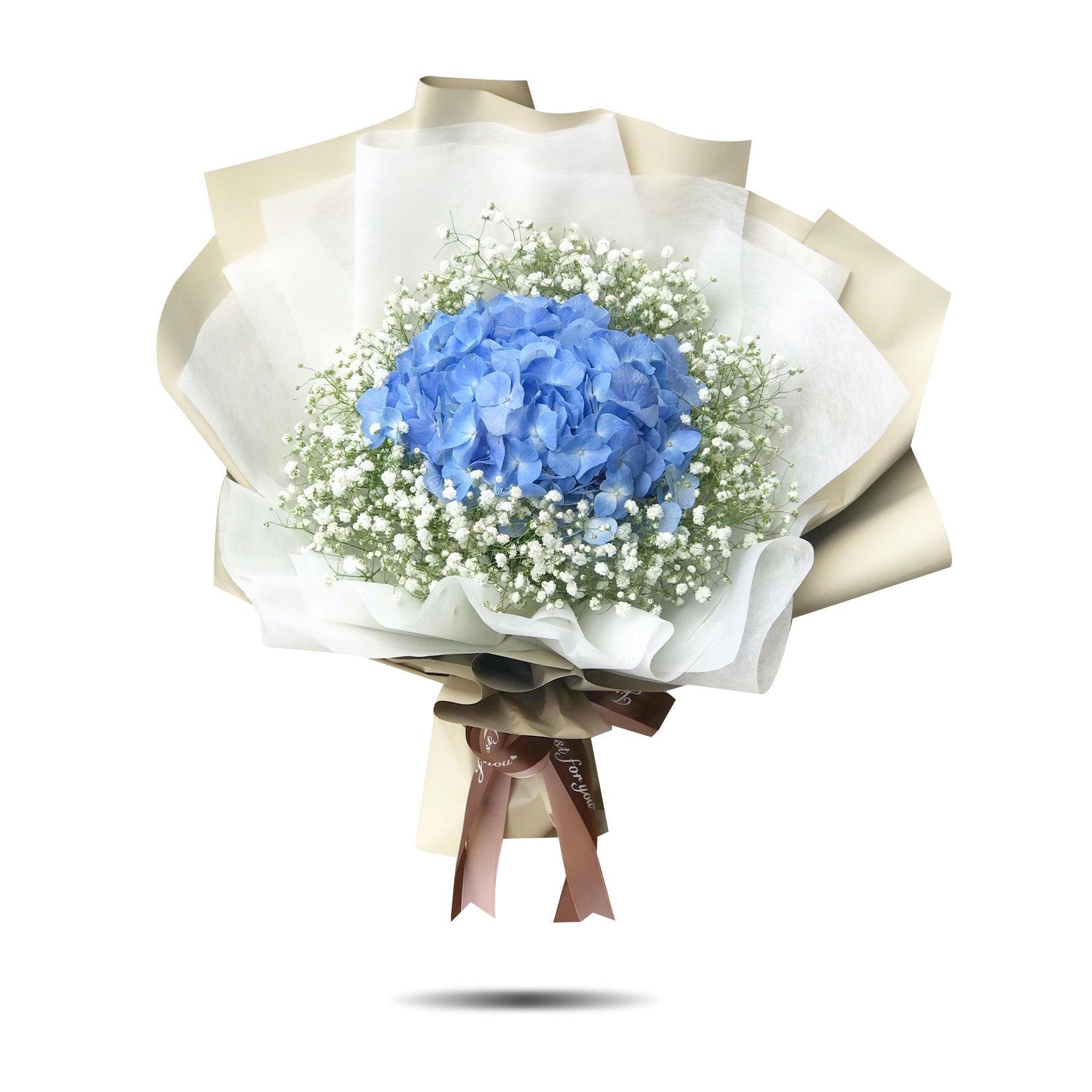 "Blue Love" bouquet of blue hydrangea and white gypso