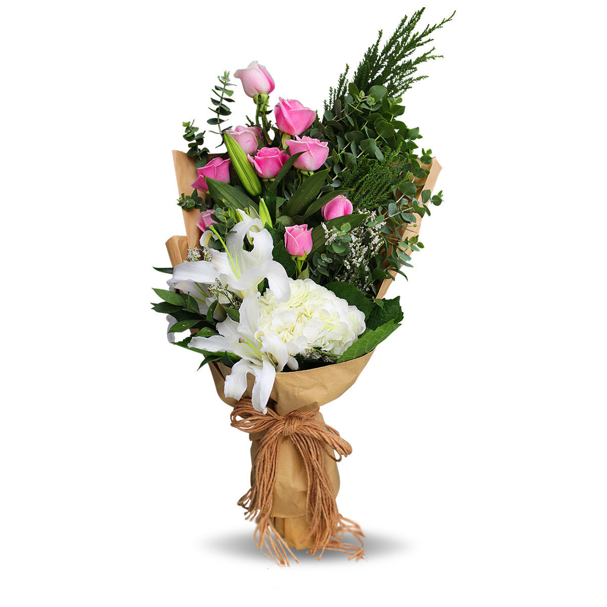 Gorgeous Bouquet Of Roses, Lilies And Decorative Leaves - April Flora