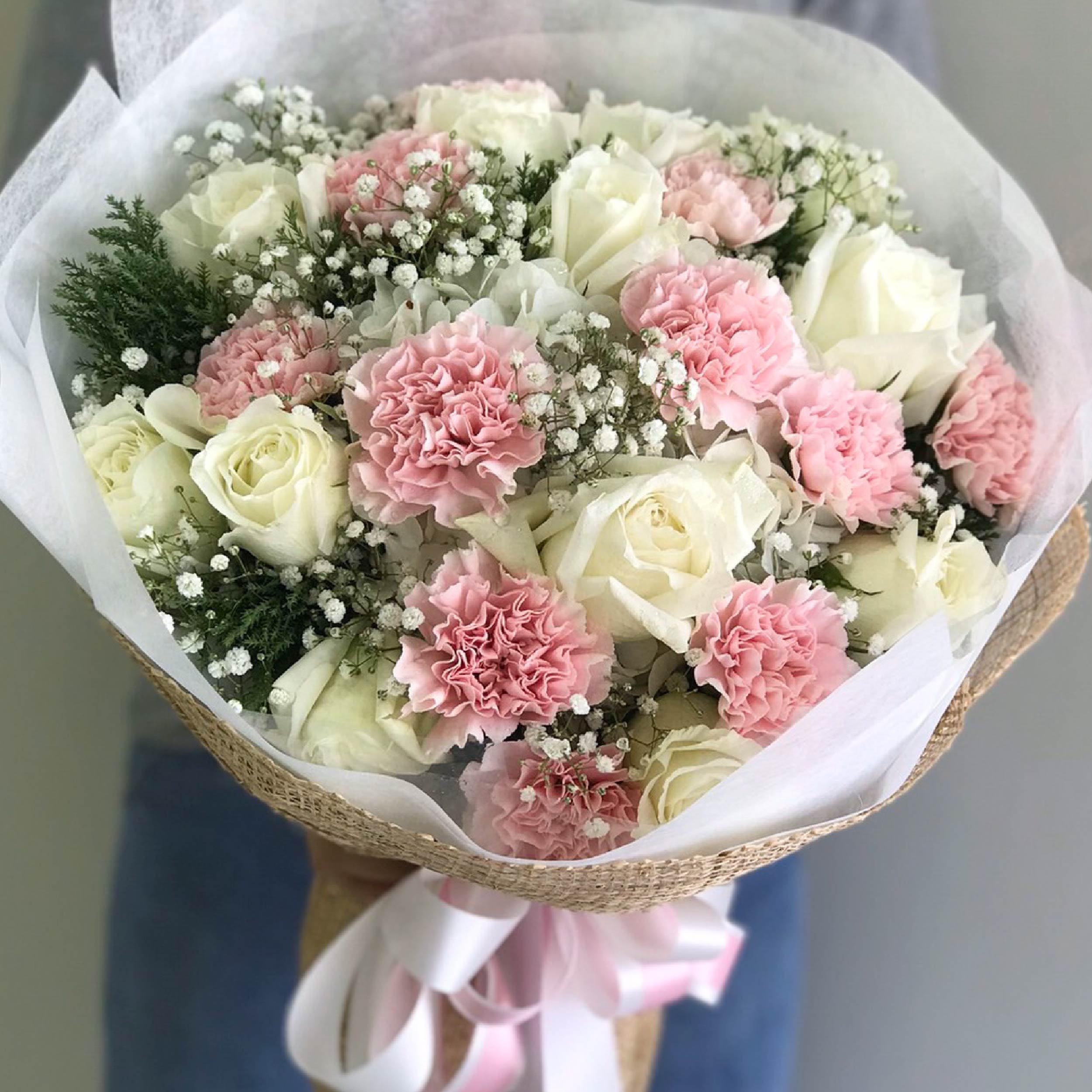 Lovely mixed pink carnations, white roses Bouquet - April Flora