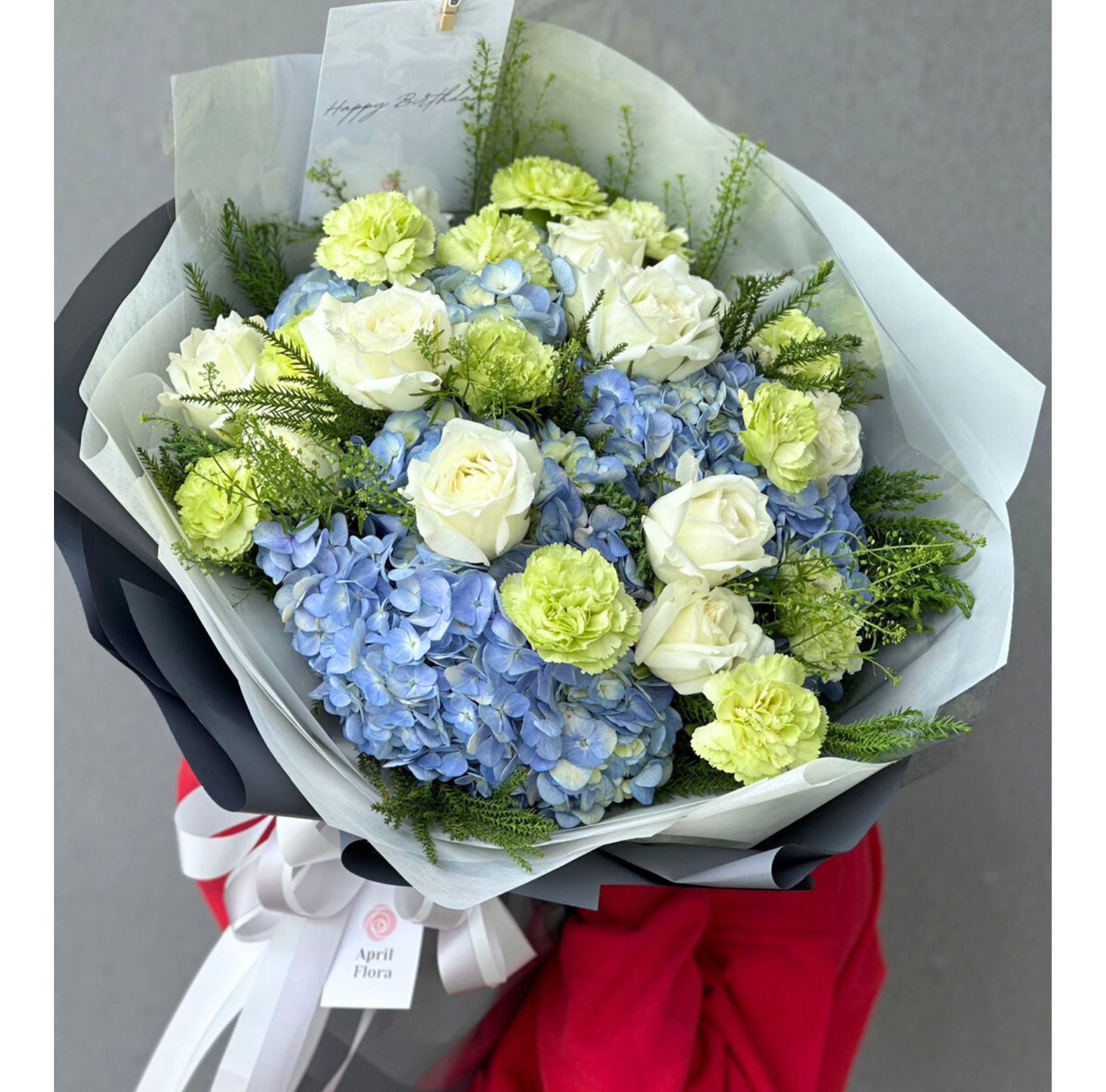 "Shades Of Blue" Bouquet With Roses, Hydrangea And Carnation - April Flora