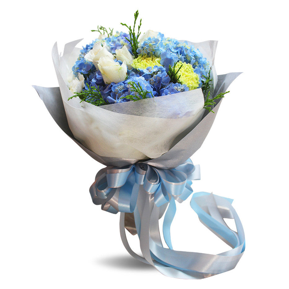 "Shades Of Blue" Bouquet With Roses, Hydrangea And Carnation - April Flora